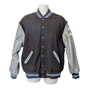 Vintage Ripon Varsity Jacket Black Wool Gray Leather Sleeves Mens XXL Classic